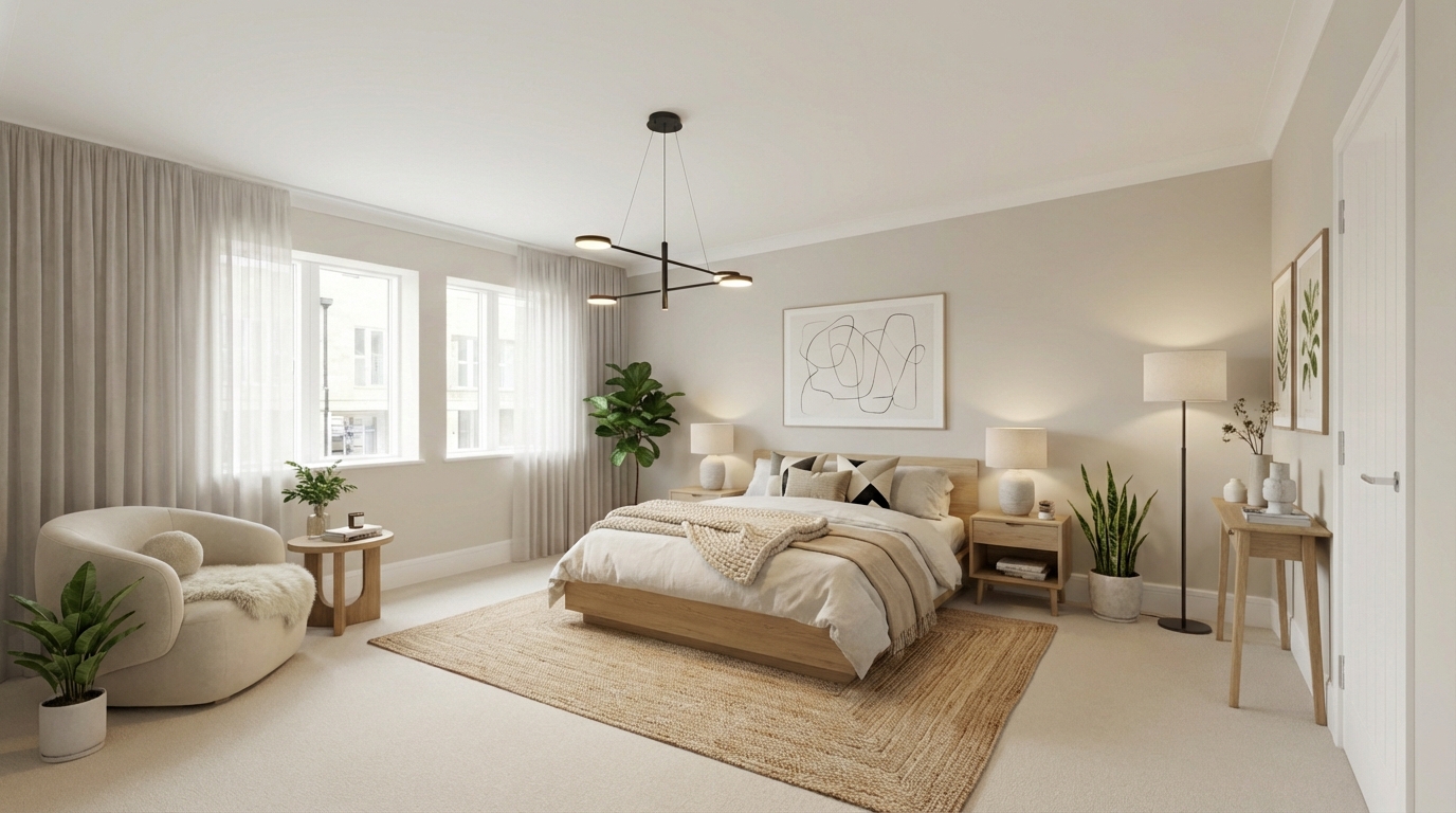 Master bedroom: Greige palette, Scandi Minimalist